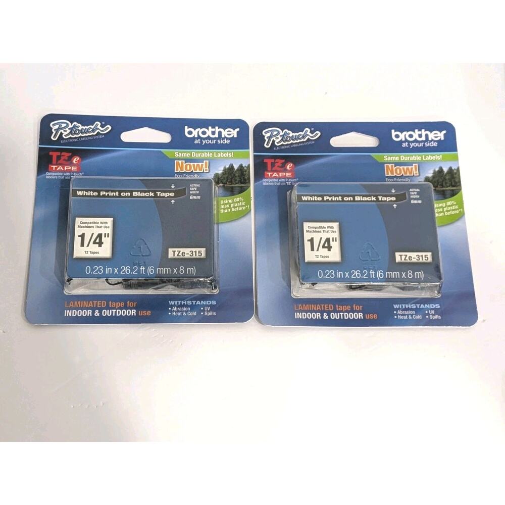 Genuine Brother 2pack TZe-315 Black on White 6mmx8m 1/4" P-Touch Label Tape